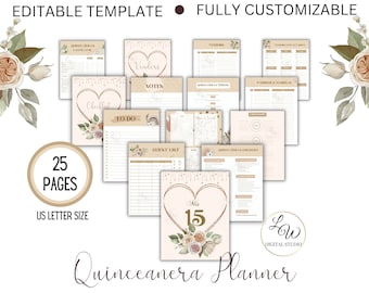 Quinceañera Planner Fully Editable , Neutral Colors Mis XV años US Letter Printable Worksheets, Floral Timeline Instant Download Template