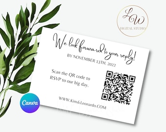 QR Code Rsvp Cards, Online Reply Card Template, Modern Minimalist, 100% Editable Text, Diy, Instant Digital Download Editable in Canva,