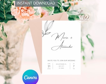 Minimalist Wedding Invitation Template, Printable Fully Editable INSTANT Download, SVG Bundle Editable in Canva, Modern Elegant Wedding