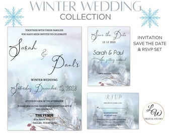 Winter Wedding Invitation Set Template, Christmas Wedding Invite, Wedding Invitations, Printable Wedding Templates, Instant Download