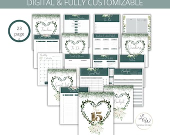 Editable Quinceañera Planner, Emerald Green Mis XV años US Letter Printable Planner Worksheets, Green Floral Instant Download Agenda,