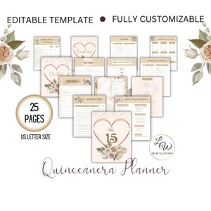 Quinceañera Planner Fully Editable , Neutral Colors Mis XV años US Letter Printable Worksheets, Floral Timeline Instant Download Template