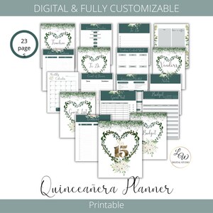 Editable Quinceañera Planner, Emerald Green Mis XV años US Letter Printable Planner Worksheets, Green Floral Instant Download Agenda,