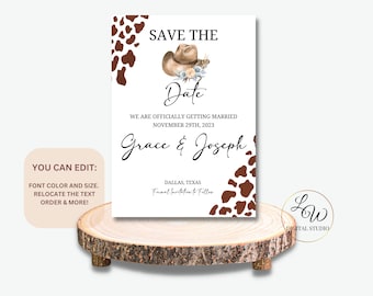 Western Wedding Save the Date Announcement Template, Rustic Save the Date Card, Cow Print, Instant Download, Country Wedding  #2295
