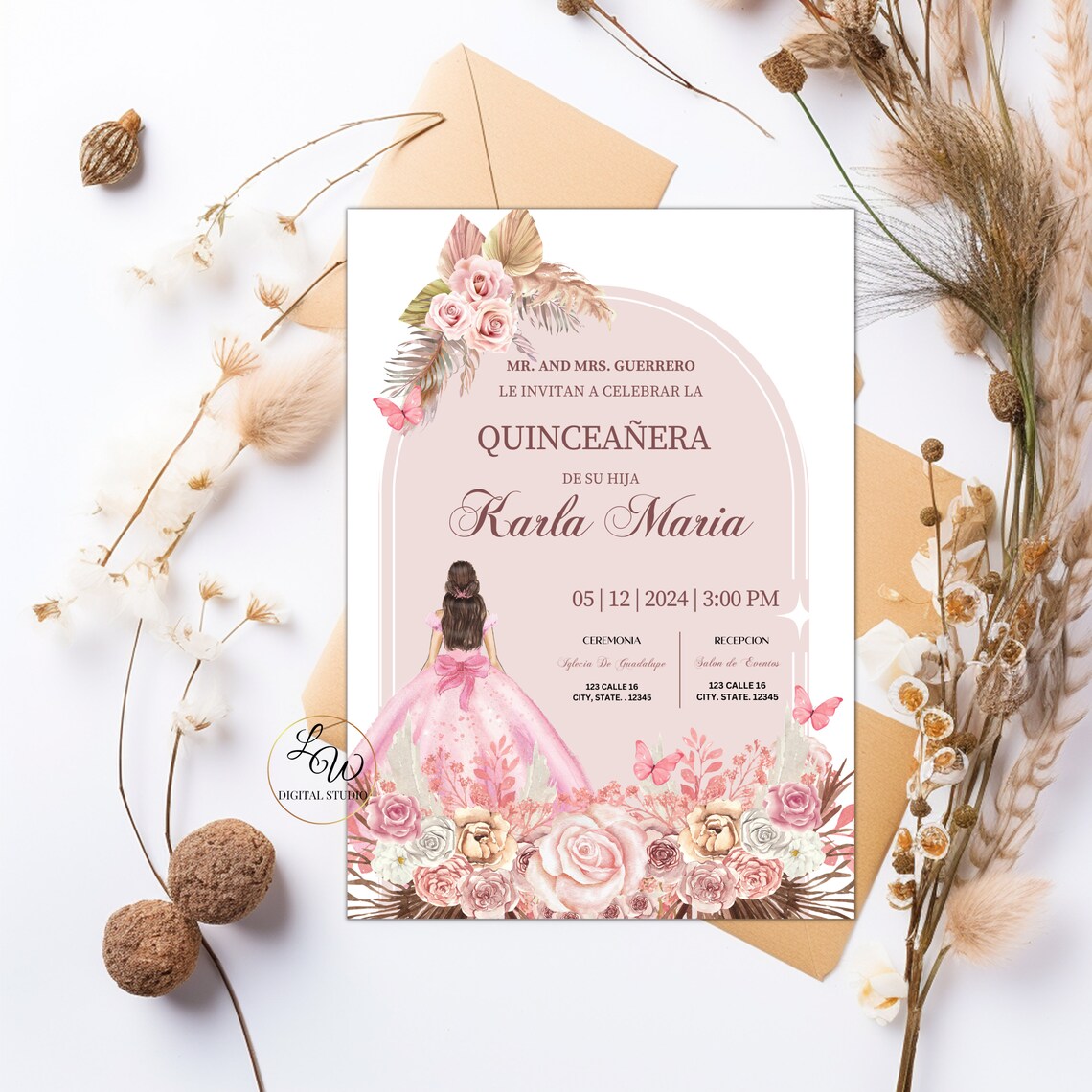 Pink Boho Quinceañera Invite in Spanish Template, Bohemian Quinceañera ...