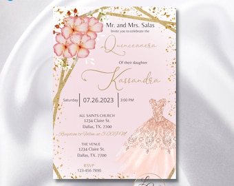 Rose Gold Quinceañera Invitations, Quinceañera Invitation Template, Blush Invitations, Pink 15 Años Invite Download,