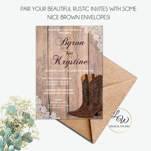 May include: Rustic wedding invitation with a woodgrain background and a pair of brown cowboy boots. The invitation reads "Byron and Krystine" with the wedding date and time. The text "RSVP by June 15, 2022" is also included.
