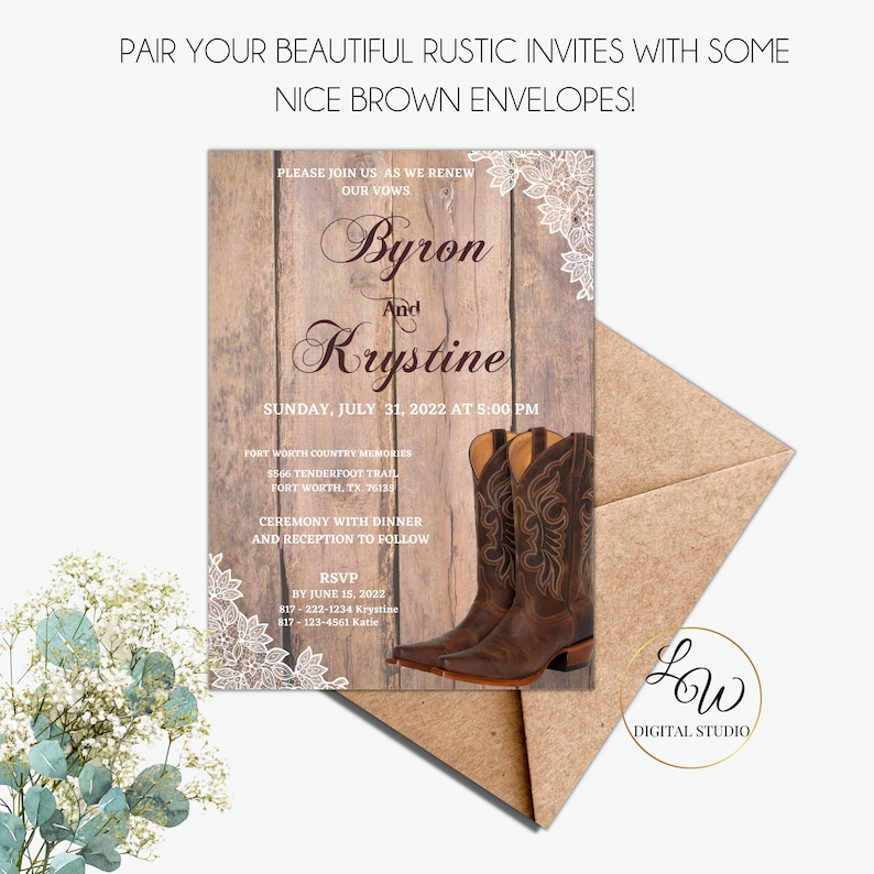 May include: Rustic wedding invitation with a woodgrain background and a pair of brown cowboy boots. The invitation reads "Byron and Krystine" with the wedding date and time. The text "RSVP by June 15, 2022" is also included.