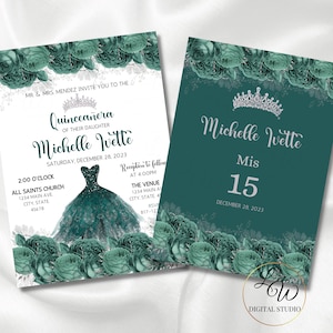 Quinceañera Double Sided Editable Invitation Template, Emerald Green Floral Pdf INSTANT DOWNLOAD, Mis 15 Años Floral DIY Printable Invite