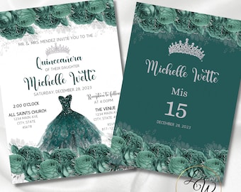 Quinceañera Double Sided Editable Invitation Template, Emerald Green Floral Pdf INSTANT DOWNLOAD, Mis 15 Años Floral DIY Printable Invite