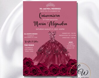 Quinceañera Invitation, Burgundy Floral Roses Printable, EDITABLE TEMPLATE, Silver Crown Mis Quince 15 Anos Birthday