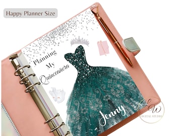 Happy Planner Size Planning My Quinceañera COVER, Hunter Green Dress Agenda Dashboard Inserts, Mis XV años Instant Download Template