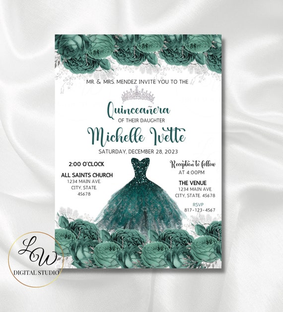 Quinceañera Double Sided Editable Invitation Template, Emerald