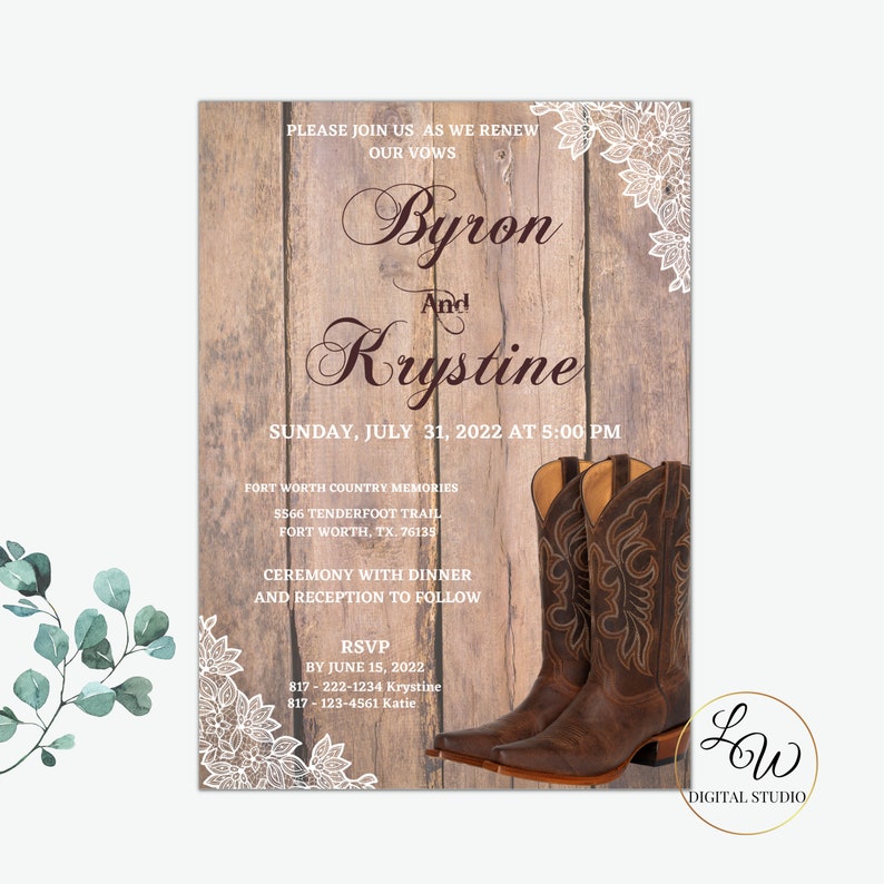 May include: A rustic wedding invitation with a woodgrain background and white lace accents. The invitation features the names "Byron" and "Krystine" in a cursive font, along with the date and time of the wedding. The invitation also includes a pair of brown cowboy boots.
