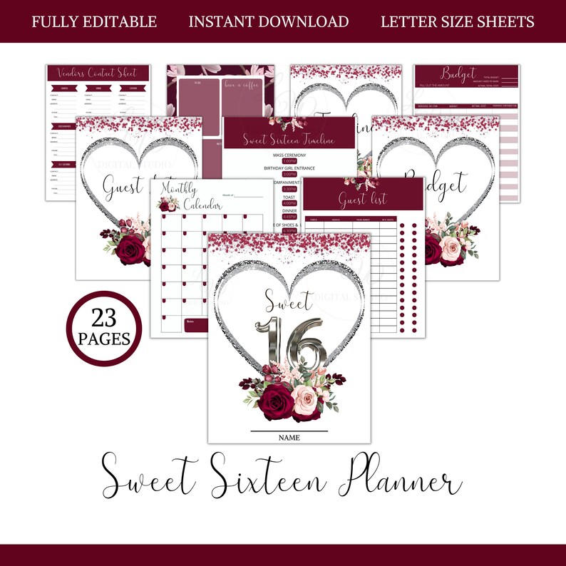 Sweet Sixteen Printable Planner Sweet 16 US Letter Etsy