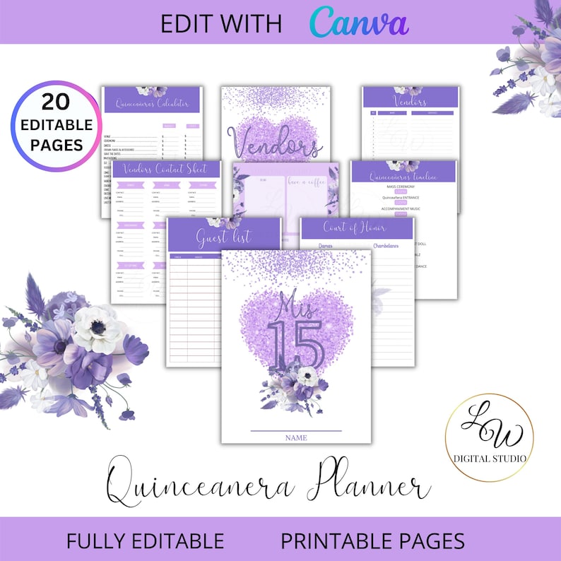 Lilac Quinceañera Planner Printable Sheets , Mis XV Años US Letter