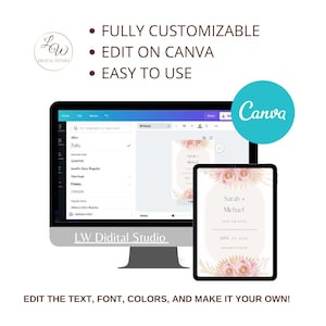 May include: A digital mockup of a save the date card with a floral design. The card is customizable and can be edited on Canva. The text on the card reads "Sarah + Michael Save the Date June 23, 2022".