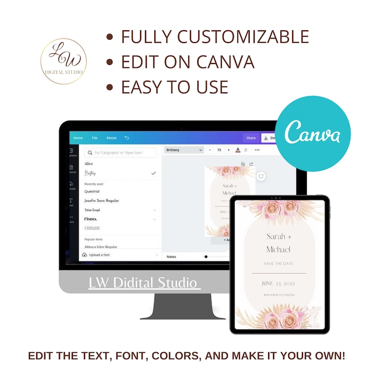 May include: A digital mockup of a save the date card with a floral design. The card is customizable and can be edited on Canva. The text on the card reads "Sarah + Michael Save the Date June 23, 2022".