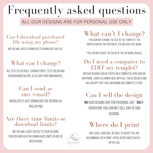 May include: A pink and brown graphic with the text "Frequently asked questions" and "All our designs are for personal use only". The graphic lists several questions and answers about downloading, editing, and printing digital designs.