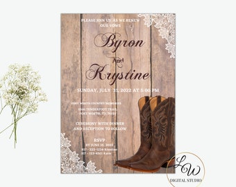Rustic Wood Wedding Invitation, Western Wedding Vows Renewal Invites, Country wedding with boots Printable self-editable Wedding Templates