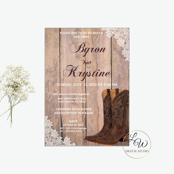 Rustic Wood Wedding Invitation, Western Wedding Vows Renewal Invites, Country wedding with boots Printable self-editable Wedding Templates