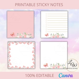 Op de afbeelding: Printbare sticky notes met bloemen- en vlinderontwerpen. De notities zijn roze, wit en hebben een gouden rand. De tekst "100% EDITABLE Canva" staat onderaan de afbeelding.