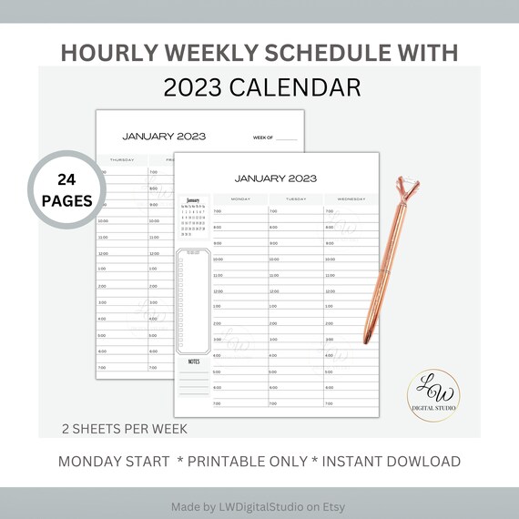 2023 Printable Weekly Hourly Schedule /2023 Calendar /pdf - Etsy