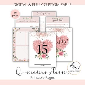 Editable Quinceañera Planner, Mis XV años US Letter Printable Planner Worksheets, Pink Floral Instant Download Template
