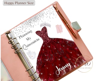 Happy Planner Size Planning My Quinceañera COVER, Rubi Red Glitter Dress Agenda Dashboard Inserts, Mis XV años Instant Download Template