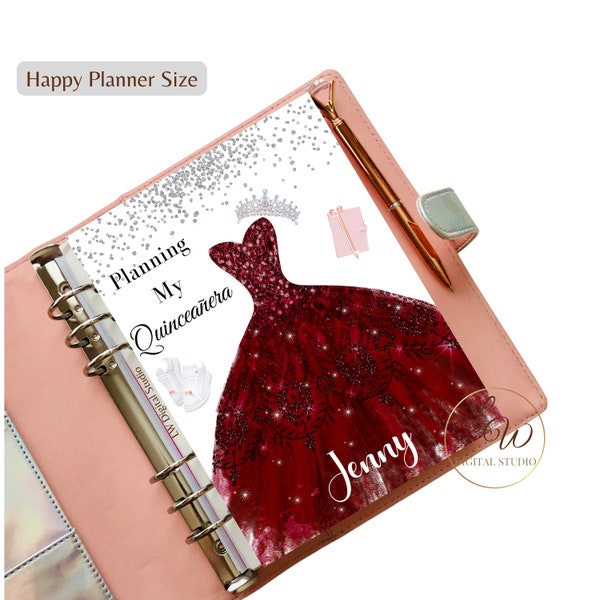 Happy Planner Size Planning My Quinceañera COVER, Rubi Red Glitter Dress Agenda Dashboard Inserts, Mis XV años Instant Download Template