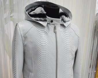 Genuine Python Leather Removable Real Rex Fur Lining Men&#39;s Grey Hoodie Jacket