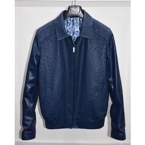 Men&#39;s Real Ostrich Leather With Genuine Lambskin Navy Blue Handmade Jacket