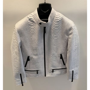 Genuine Python Leather Men&#39;s Exotic Snake Skin White Luxury Moto Jacket