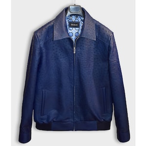 Genuine Ostrich Quill Leather Men&#39;s Navy Blue Luxury Handmade Jacket