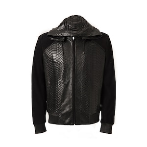 Men&#39;s Black Python Leather Suede Hoodie Jacket