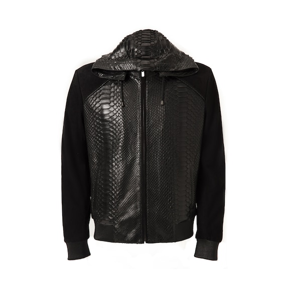 Men s Black Python Leather Suede Hoodie Jacket Etsy New Zealand