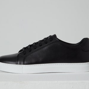 Men's Genuine Calf Leather Black Handmade Luxury Minimalist Basic Sneakers