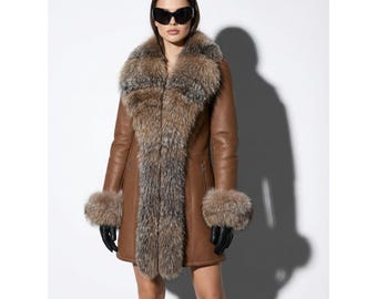 Luxus Echter Crystal Fox Pelzbesatz Echter Shearling Braun Damen Langer Pelzmantel