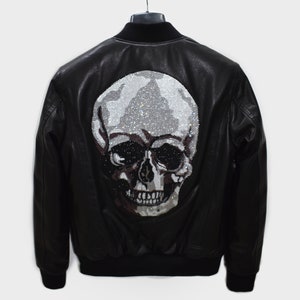 Crystal Printed Skull Men&#39;s Black Genuine Leather Bomber Jacket