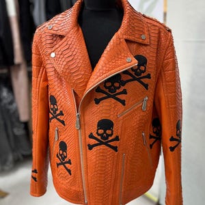 Men&#39;s Orange Python Leather Exotic Snake Skin Black Leather Skulls Luxury Motorcycle Biker Jacket