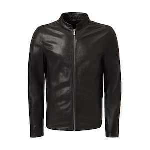 Men&#39;s Black Textured Lambskin Genuine Leather Moto Jacket