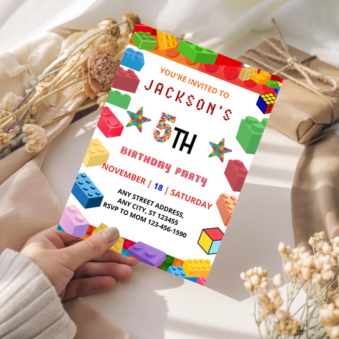 Invitation Block Design Building Blocks Birthday Invitation Template: Colorful Bricks (canva ...