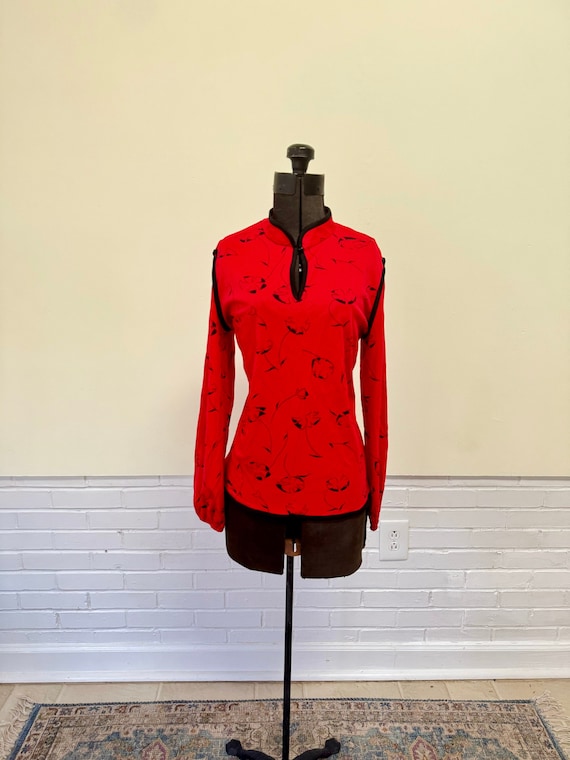 1970s Ms. Sugar Red and Black Long Sleeve Blouse/… - image 1