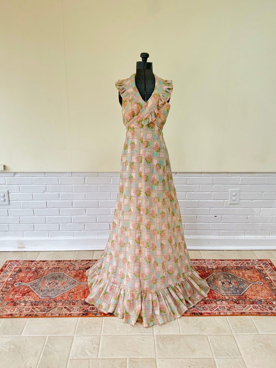 1970s Handmade Floral Halter Maxi Dress/ XS/ Small - image 1