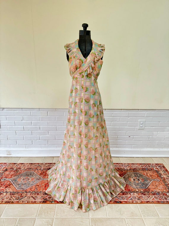 1970s Handmade Floral Halter Maxi Dress/ XS/ Small - image 4