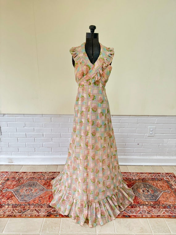 1970s Handmade Floral Halter Maxi Dress/ XS/ Small - image 2