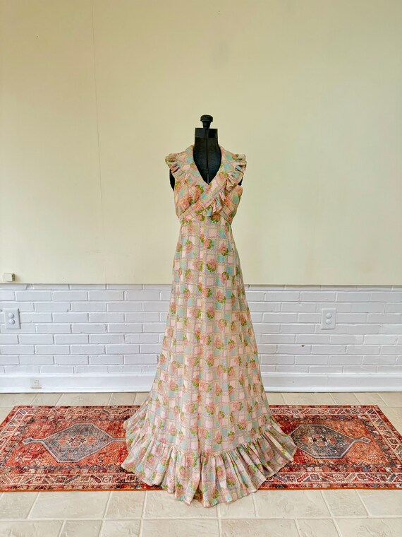 1970s Handmade Floral Halter Maxi Dress/ XS/ Small - image 3