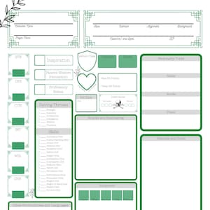 May include: A blank character sheet for a tabletop role-playing game, featuring a green and white design. The sheet includes sections for character name, stats, skills, and equipment. Decorative floral elements are in the corners.