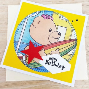Carte d'anniversaire bananes en pyjama, carte de voeux Amy Bear Little Golden Book, carte d'anniversaire surcyclée/recyclée