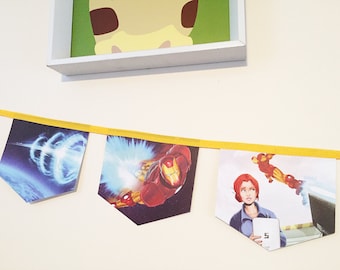 El Hombre de Hierro Invencible, banderines de libritos dorados reciclados, decoración para dormitorio infantil, guardería o fiesta temática.
